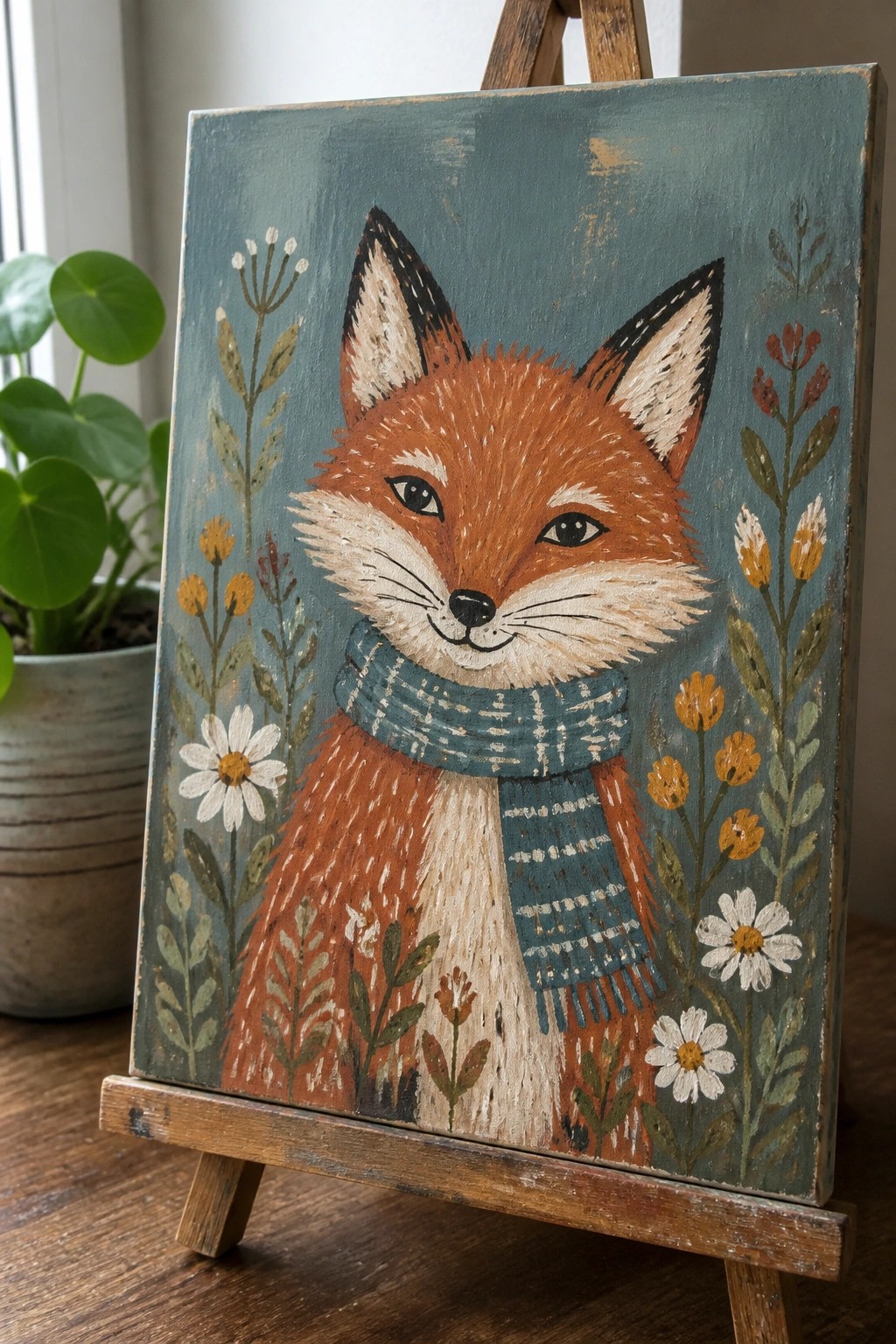 Folk art fox in teal scarf amid flowers on blue canvas on easel.