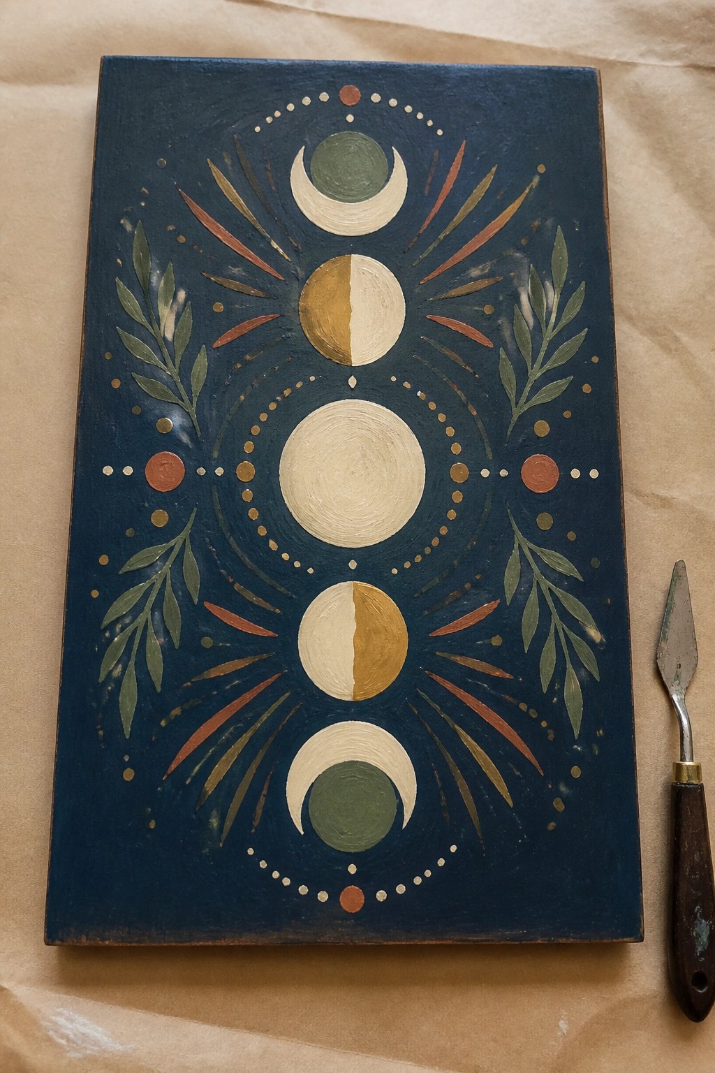 Moon phases painting on dark blue canvas with leaves and palette knife beside it.
