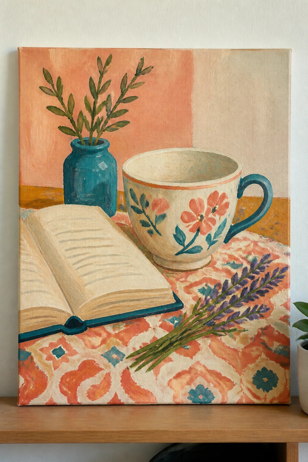 Still life painting of open book, floral teacup, blue vase with branches on patterned cloth.