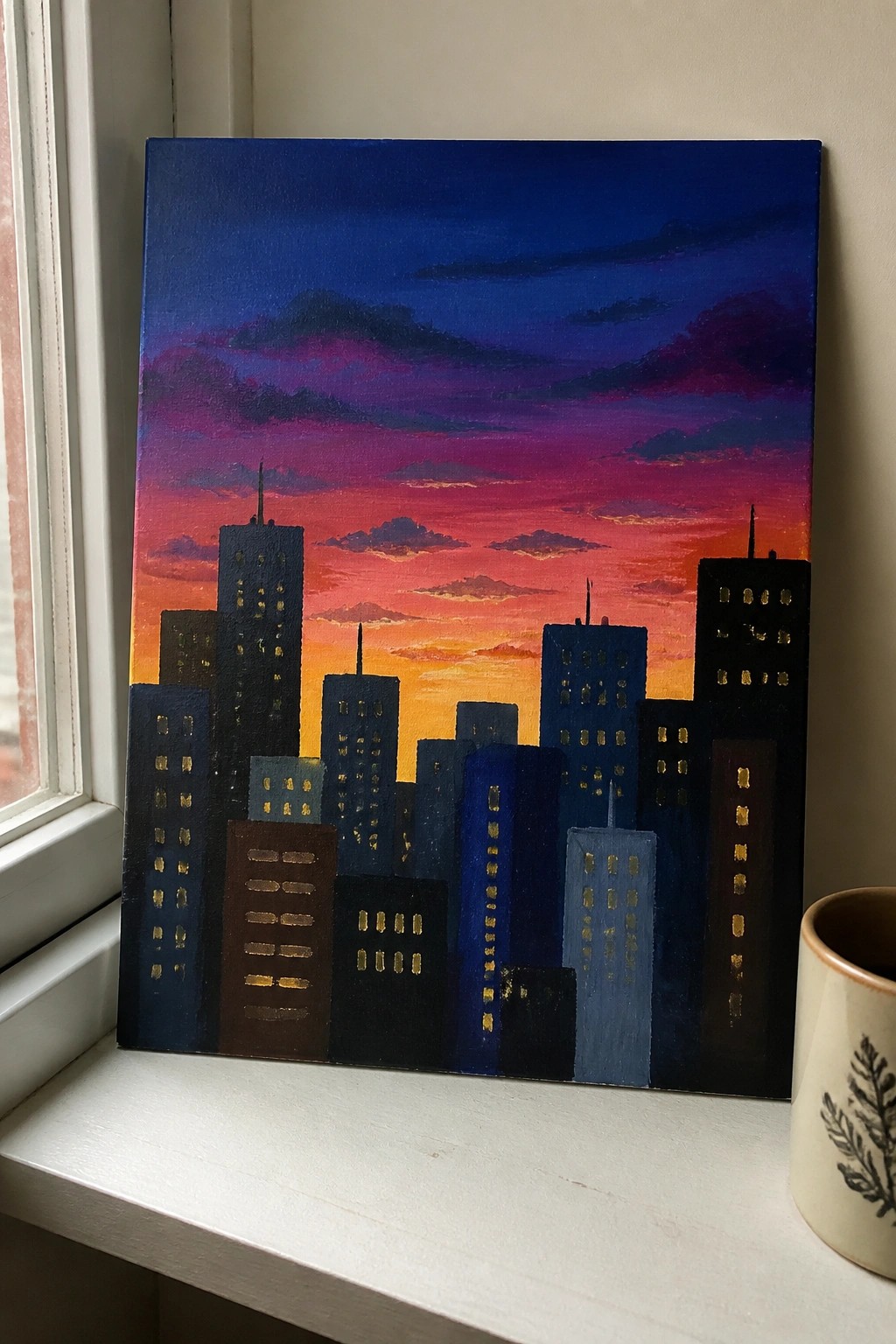 Canvas painting of city skyline at vibrant sunset with lit windows on sill
