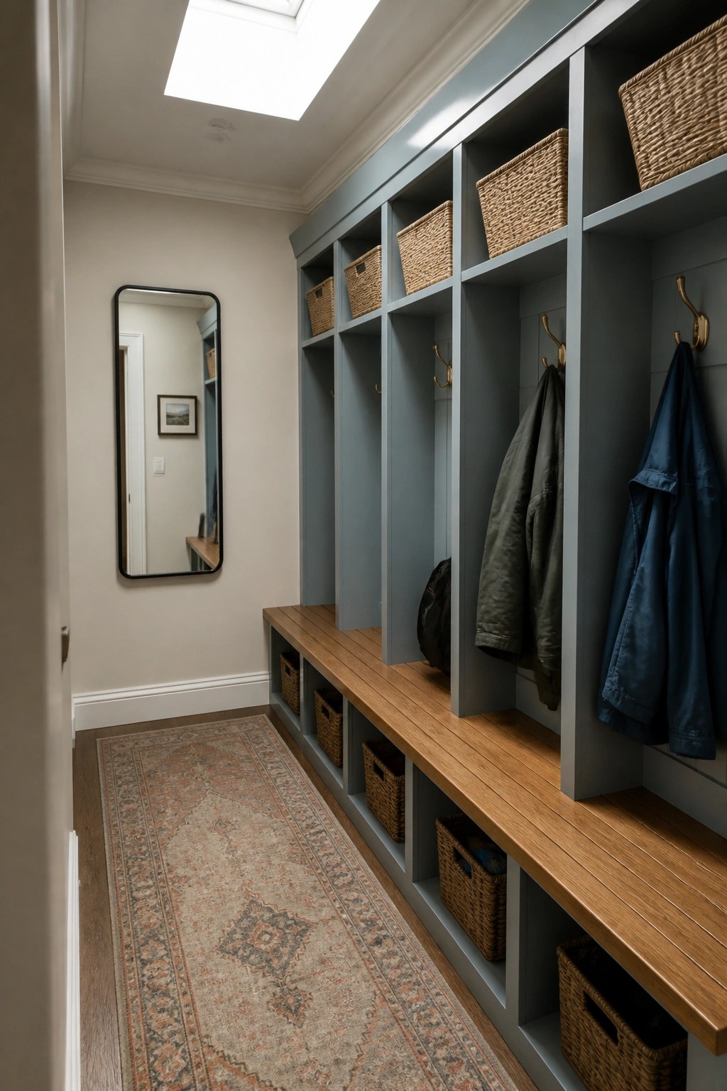 Built-in storage painted in a soft blue gray with wood bench seating in a narrow hallway.