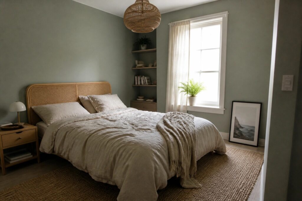 24 Cozy Paint Colors for Small Spaces That Still Feel Light and Open Serene bedroom with sage green walls, rattan bed, linen bedding, woven pendant light, and jute rug.