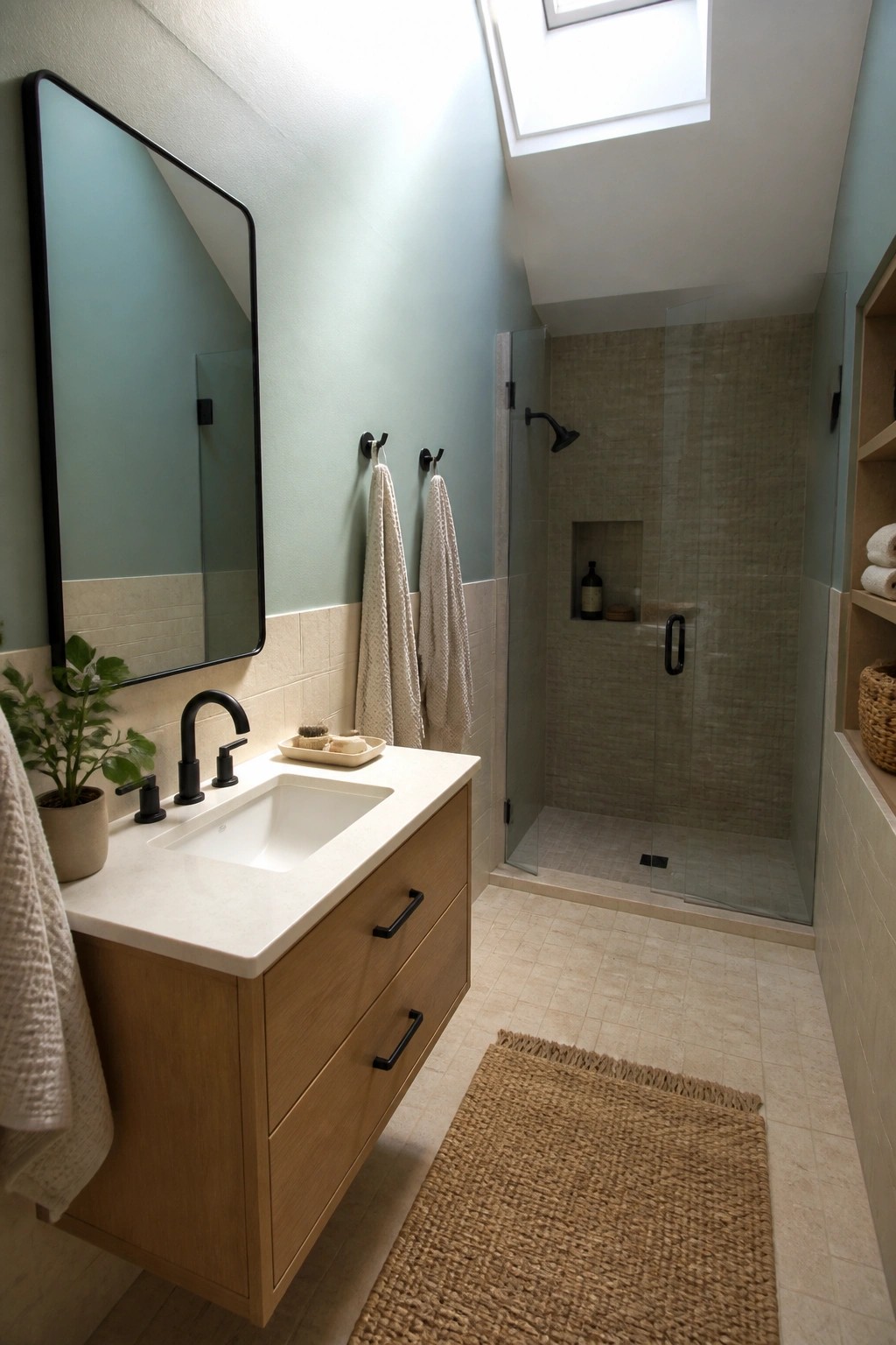 A small bathroom with soft green walls above cream tile and a light wood vanity.