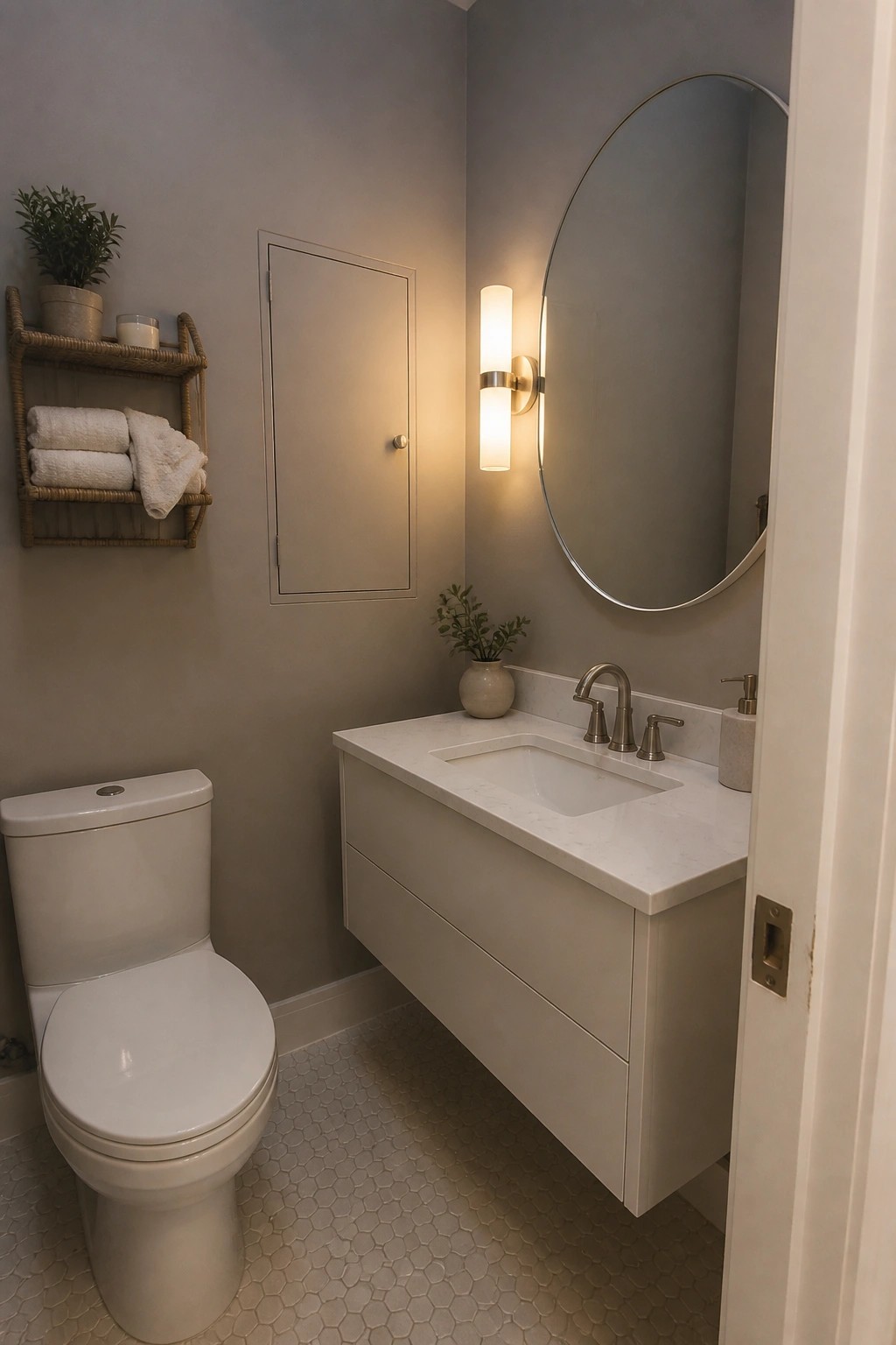 Soft greige walls in a small bathroom with a floating white marble vanity.