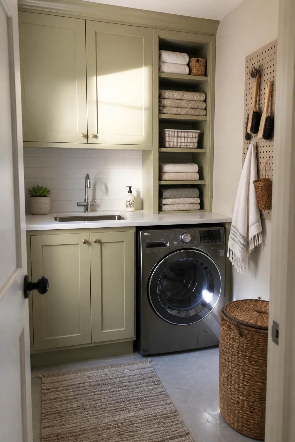 A compact laundry room with soft sage green cabinets and open shelving above a washing machine.