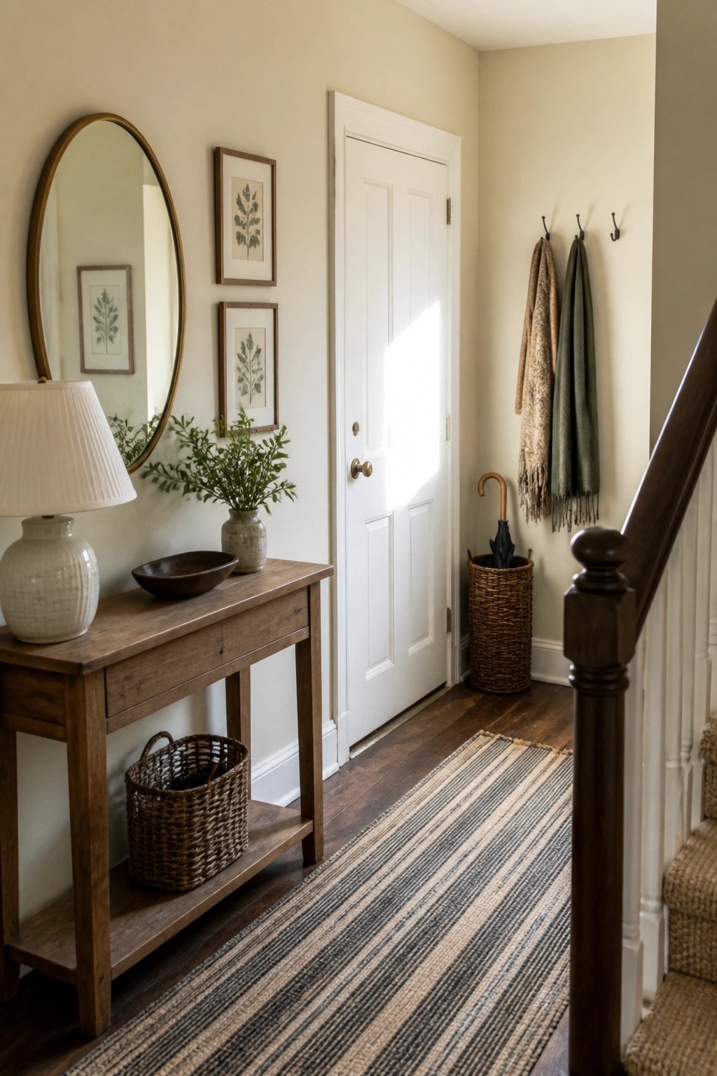 Light warm beige walls in a small entry hallway with wood console and dark flooring.