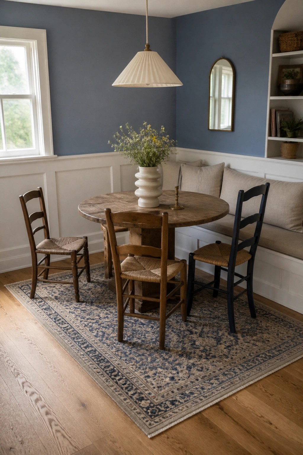 Soft blue walls above white wainscoting in a small dining area with a round wooden table.