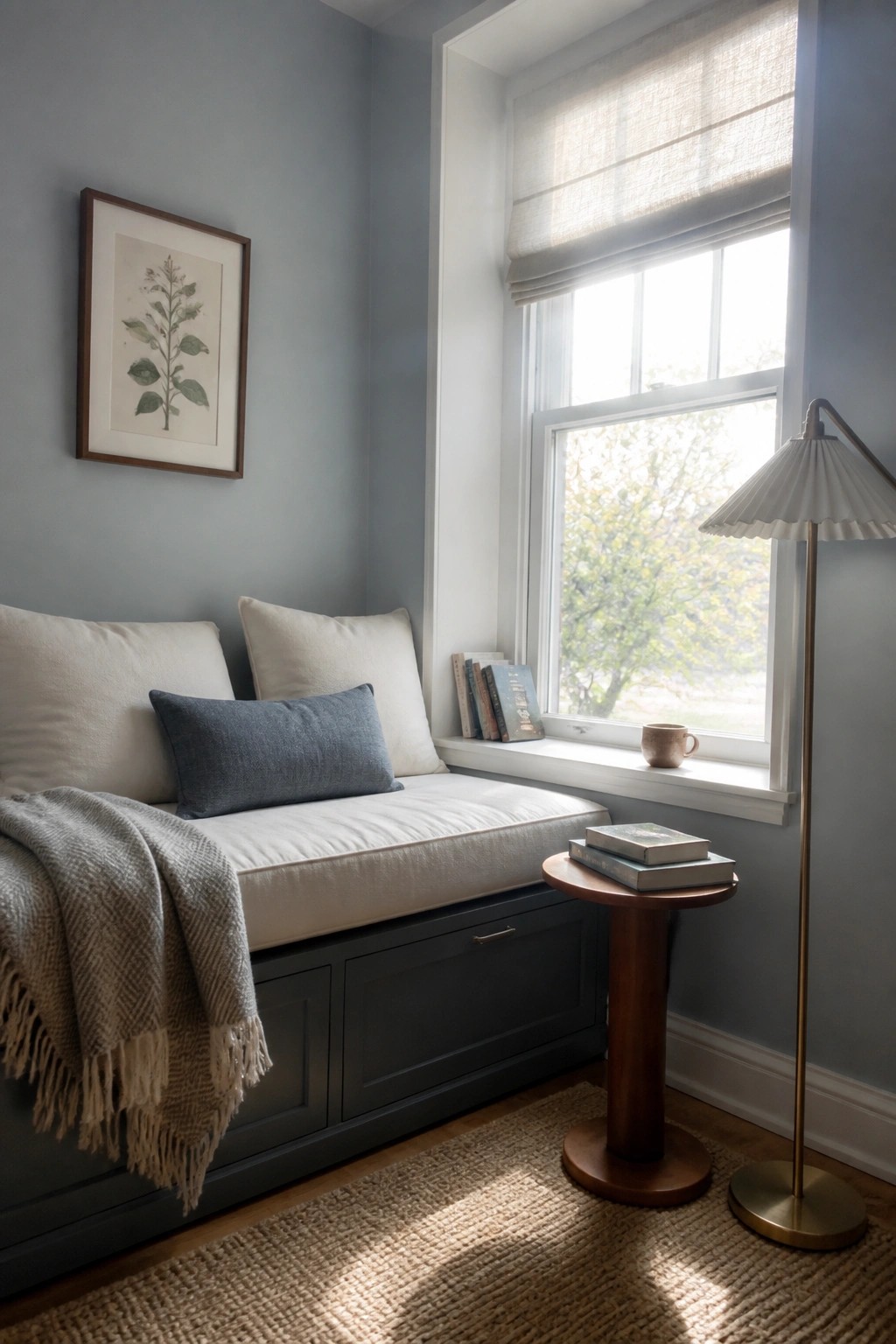 Soft blue-gray walls and built-in bench in a small window nook.