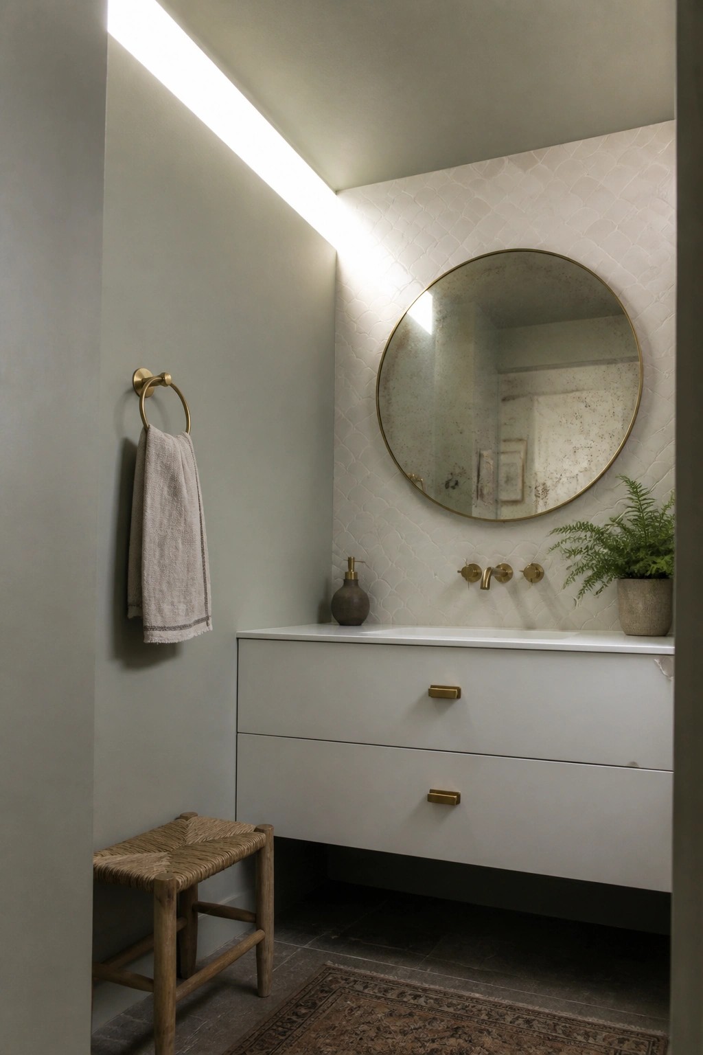 Soft sage green walls in a small bathroom with white vanity and round mirror.