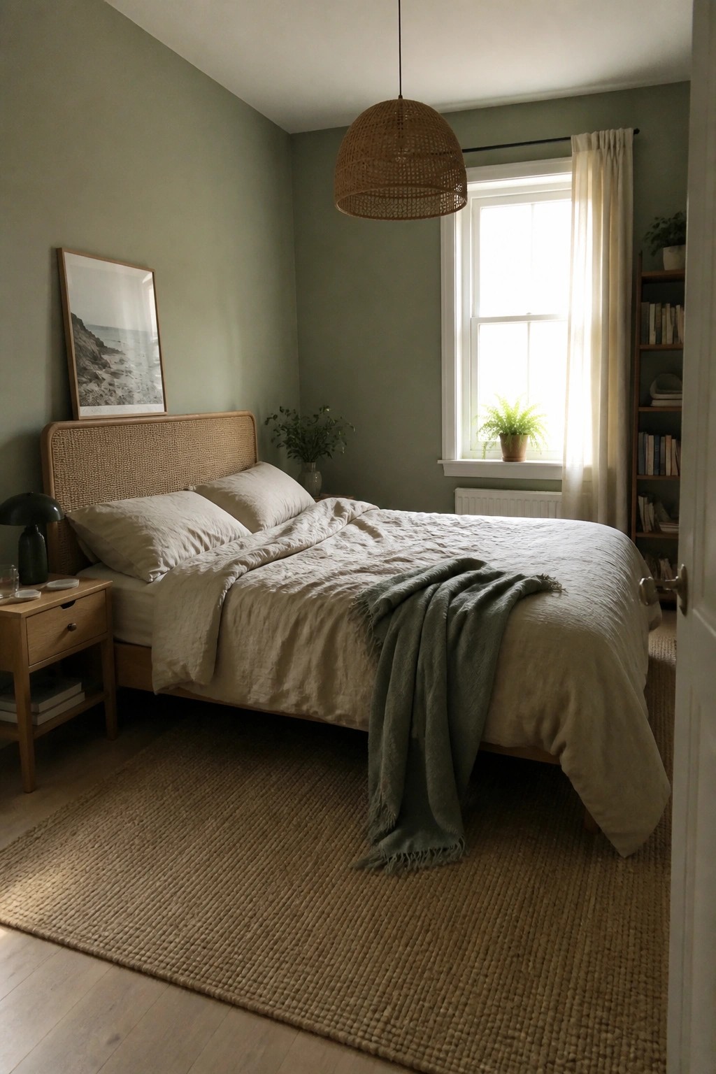 Serene bedroom with sage green walls, rattan bed, linen bedding, woven pendant light, and jute rug.