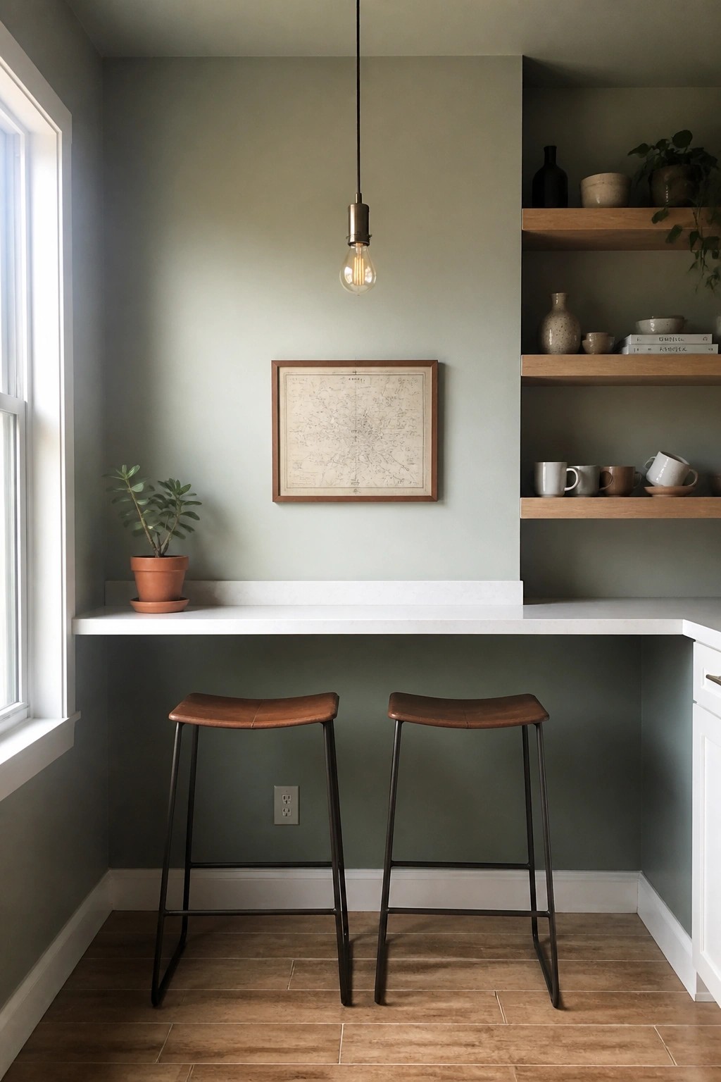 A small built-in desk nook with soft sage green walls, white countertop, and two wooden stools under a hanging light.