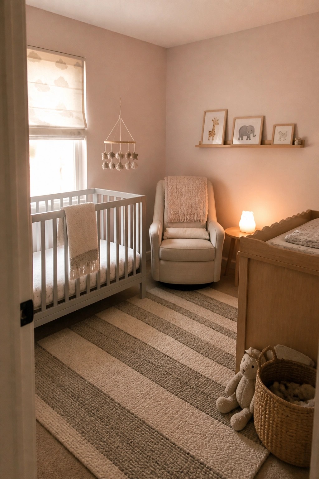 A small nursery painted in a soft warm blush beige with light wood furniture and natural light.