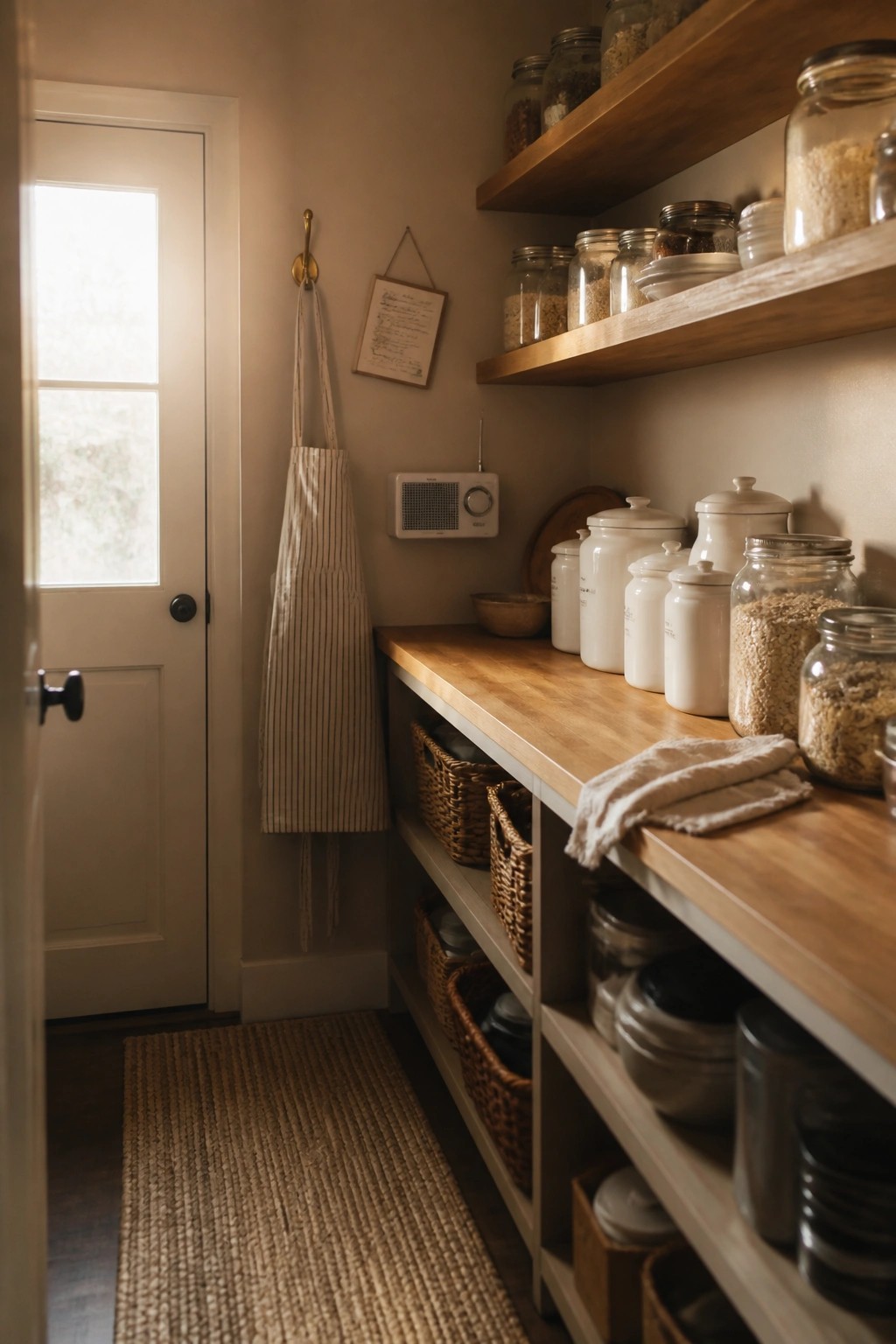 Small pantry with warm beige walls, wooden shelves, and woven baskets on the floor.