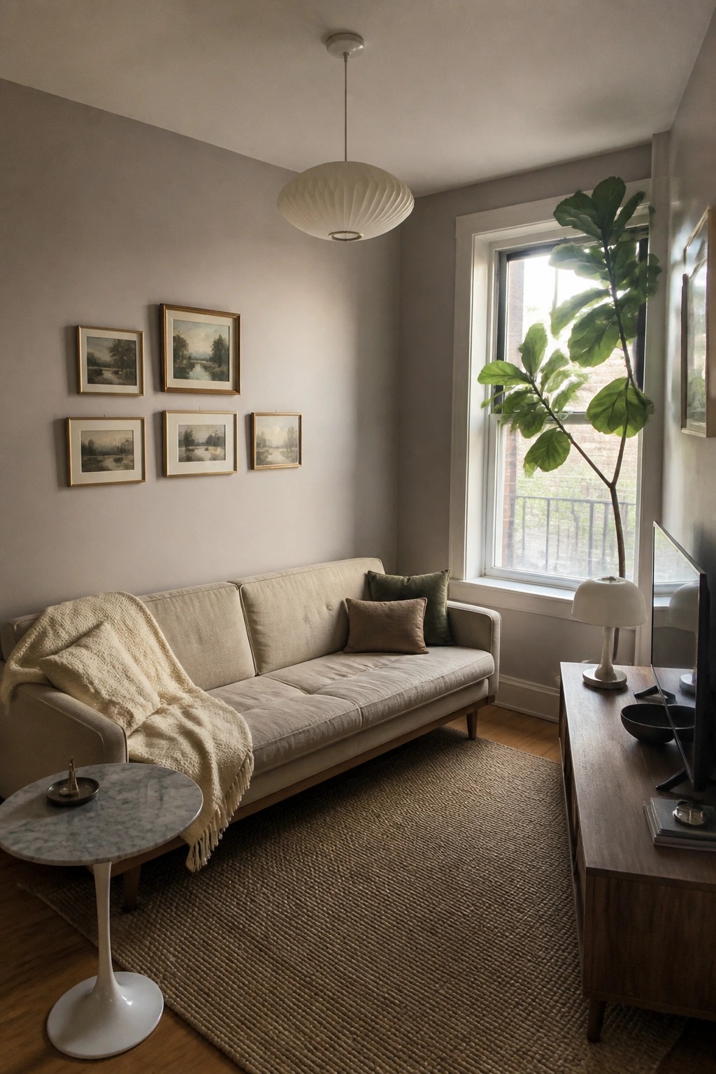Living room walls painted in a soft warm greige with wood flooring and a window.