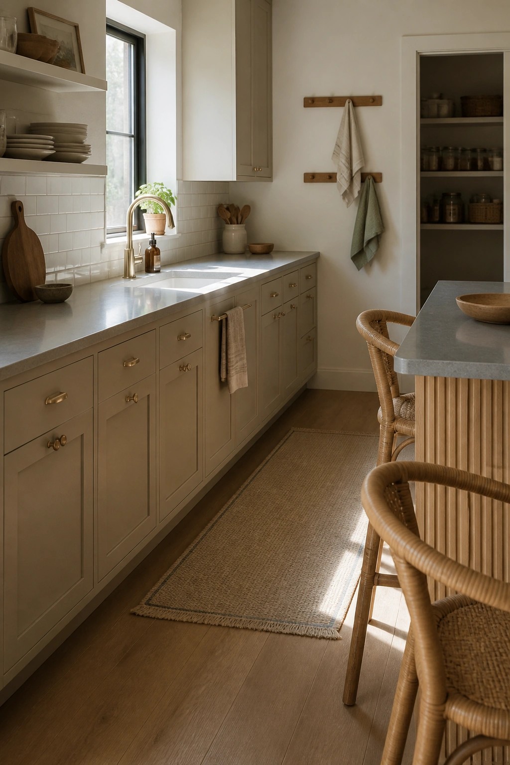 Neutral kitchen with beige cabinets, gray counters, jute rug, and rattan chairs