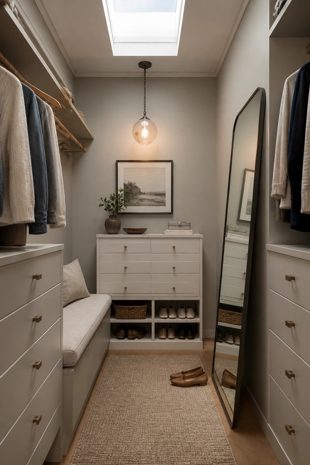 Neutral-toned walk-in closet with white cabinetry, mirror, skylight, and hanging clothes.