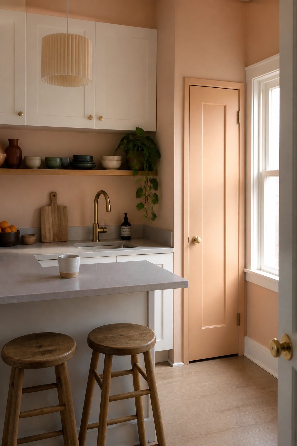 Warm peach walls in a small kitchen with white cabinets and wood stools.