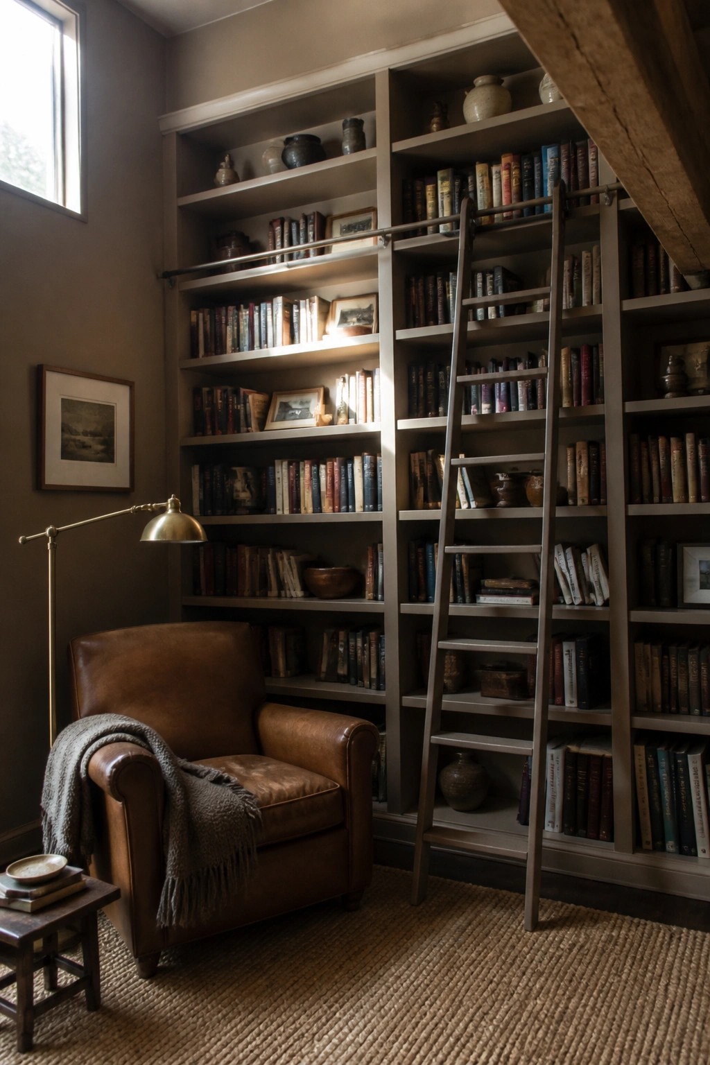 Warm taupe paint covers the walls and built-in bookshelves in a small reading corner.