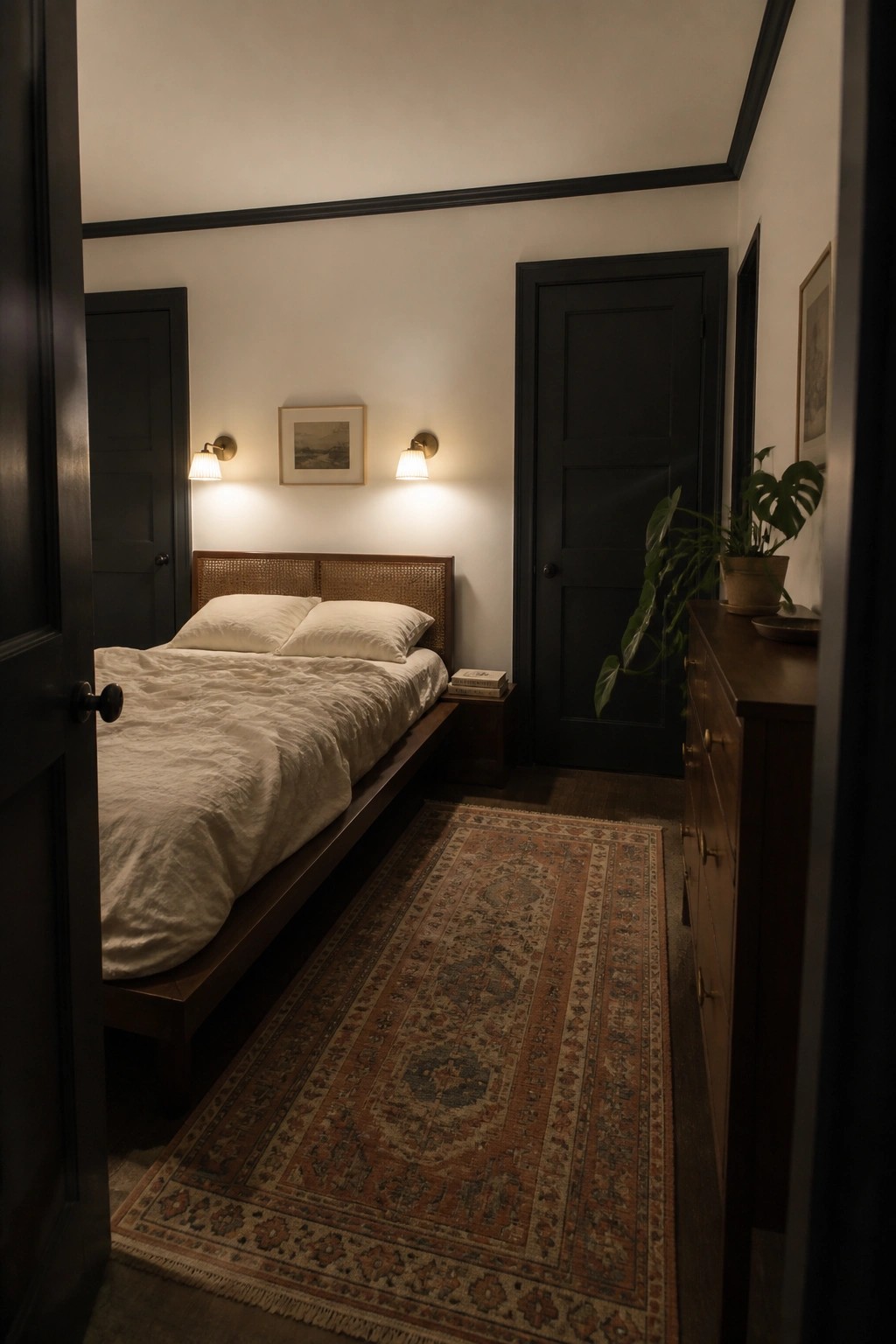 A small bedroom with warm white walls, dark wood trim, and a woven rug on the floor.