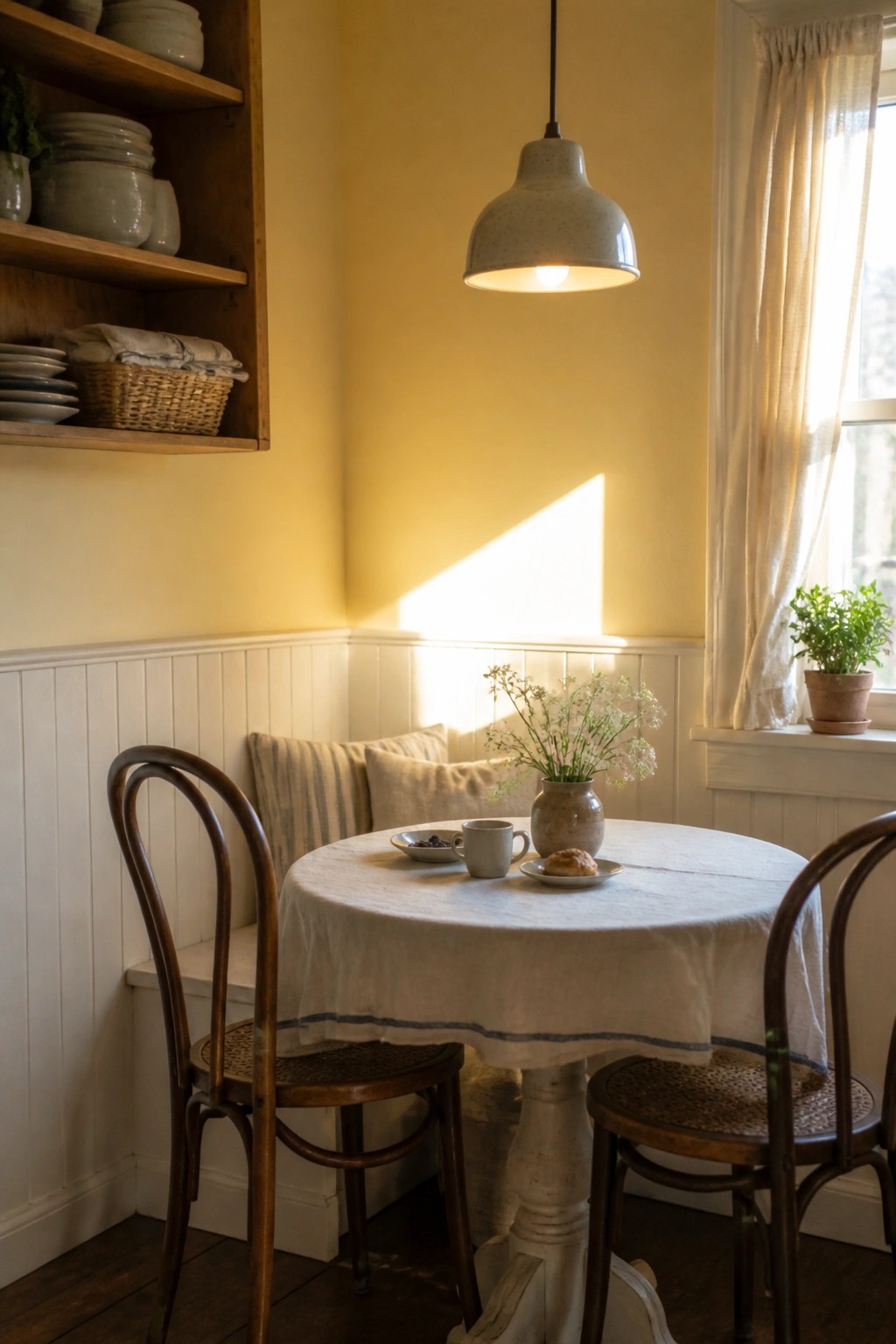 A small dining nook with warm yellow walls above white wainscoting and a round table set for breakfast.