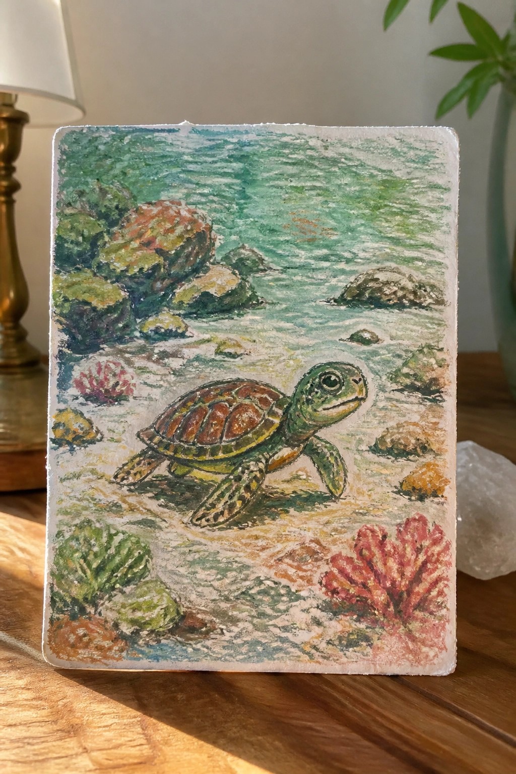 Watercolor painting of a sea turtle in turquoise water amid rocks and coral.