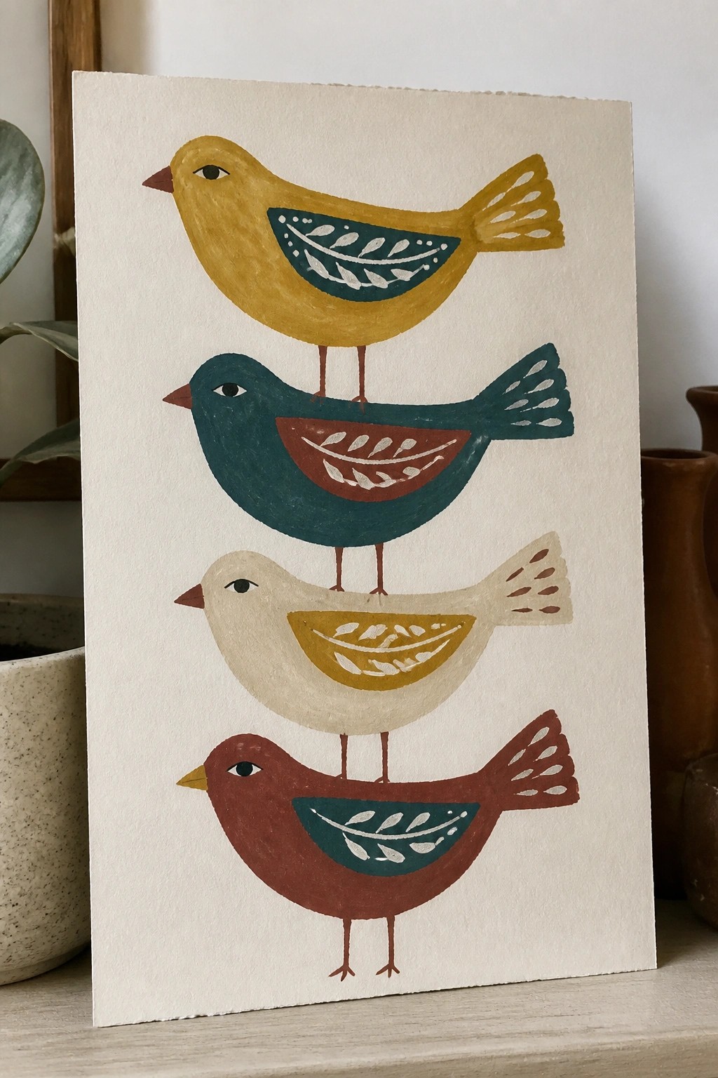 Four colorful folk-art birds stacked vertically on off-white paper with patterned wings.