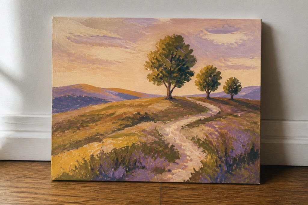 Oil painting of winding path through golden fields with trees under purple sunset sky.