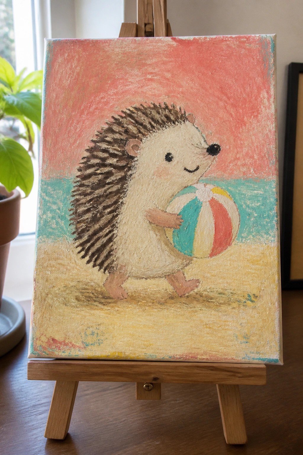 Whimsical painting of hedgehog holding striped beach ball on sandy shore with red sky