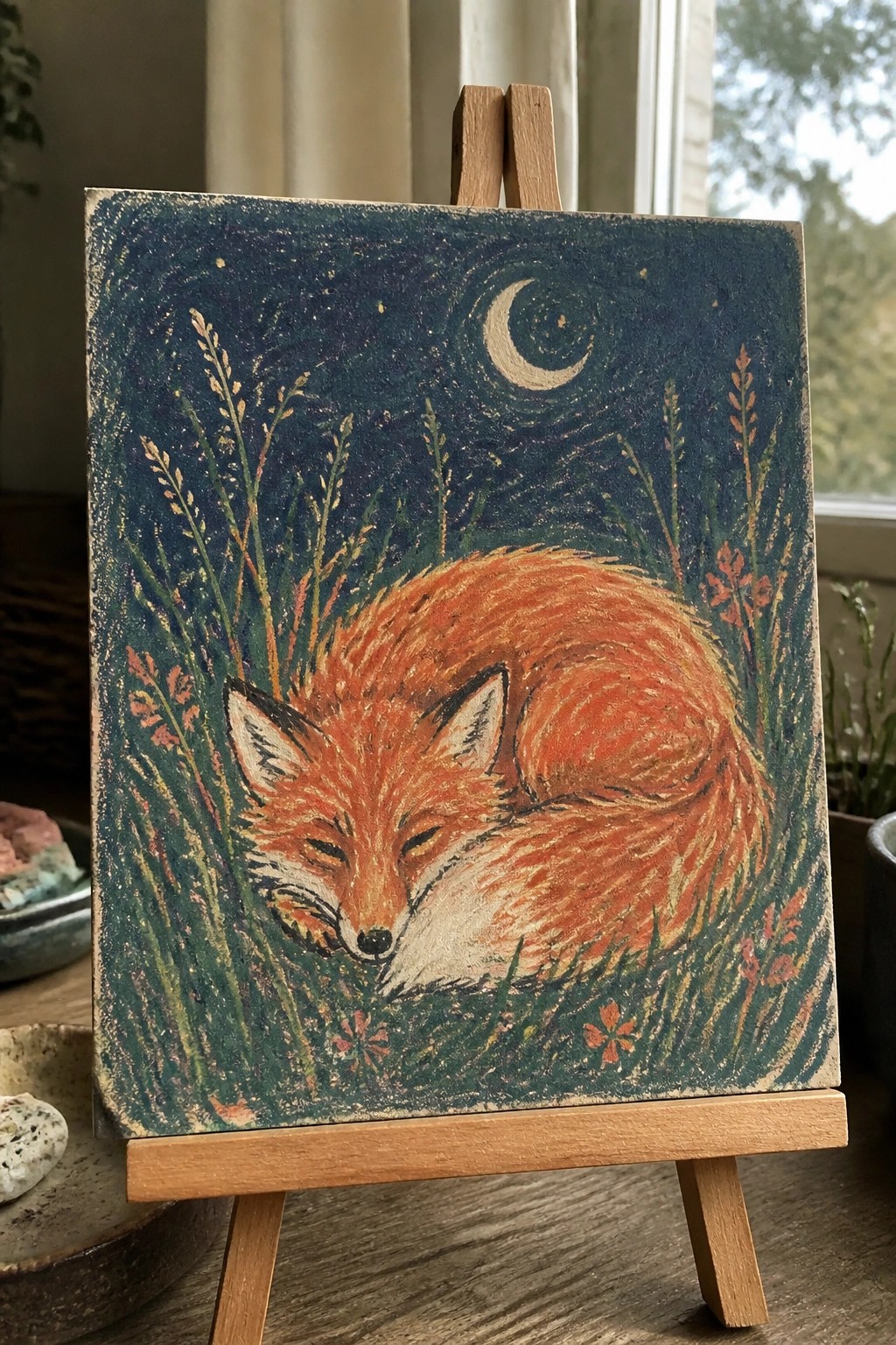 Wooden easel displays square canvas of sleeping orange fox under crescent moon and stars.