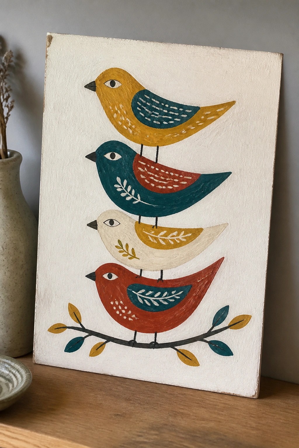 Four stacked colorful folk-art birds perched on a leafy branch painting