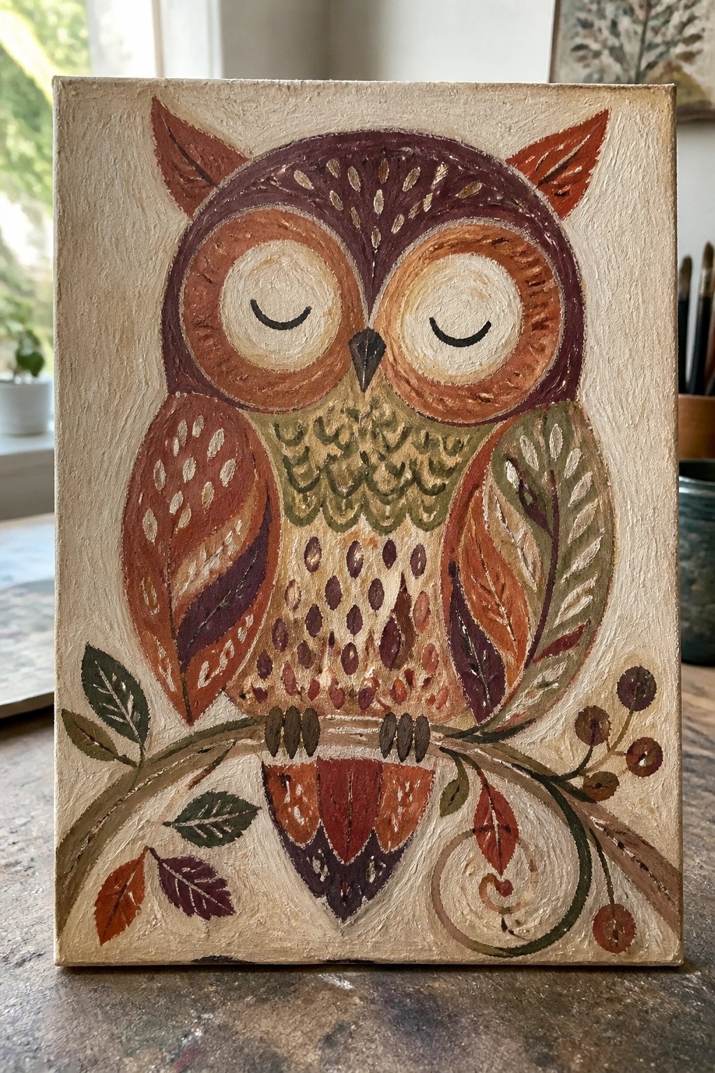 Stylized folk-art owl with closed eyes perched on leafy branch in earthy tones.
