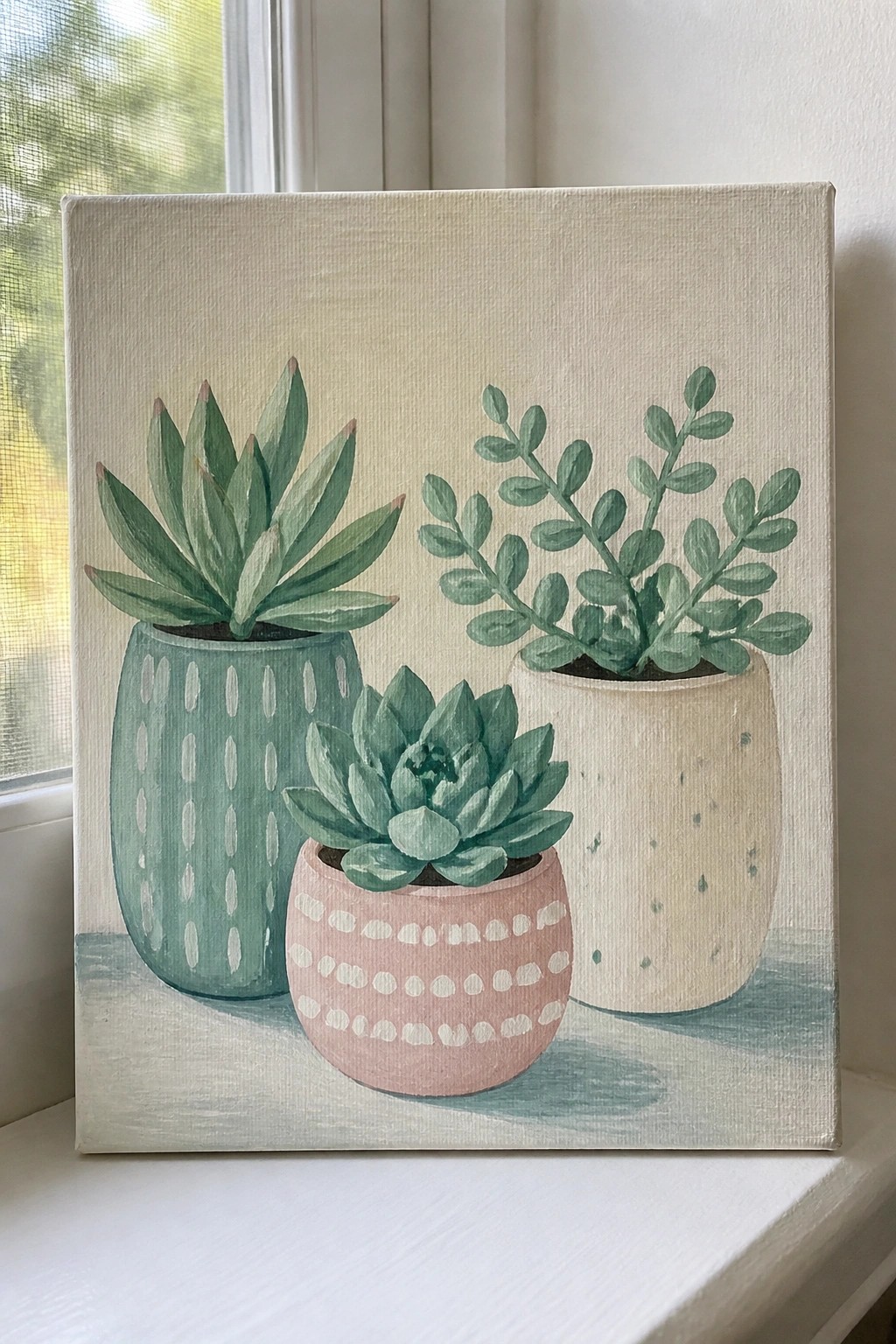Three succulents in teal, pink, and speckled pots on canvas painting.