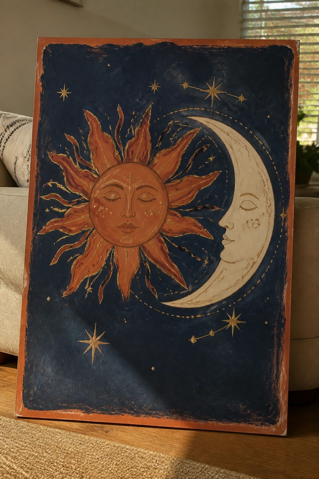 Sun and crescent moon with faces amid gold stars on dark blue canvas