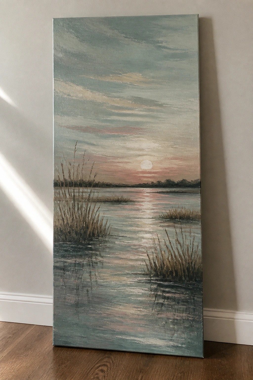A tall vertical canvas shows a sunset over water with tall brown grasses in the foreground and soft pink and blue skies.