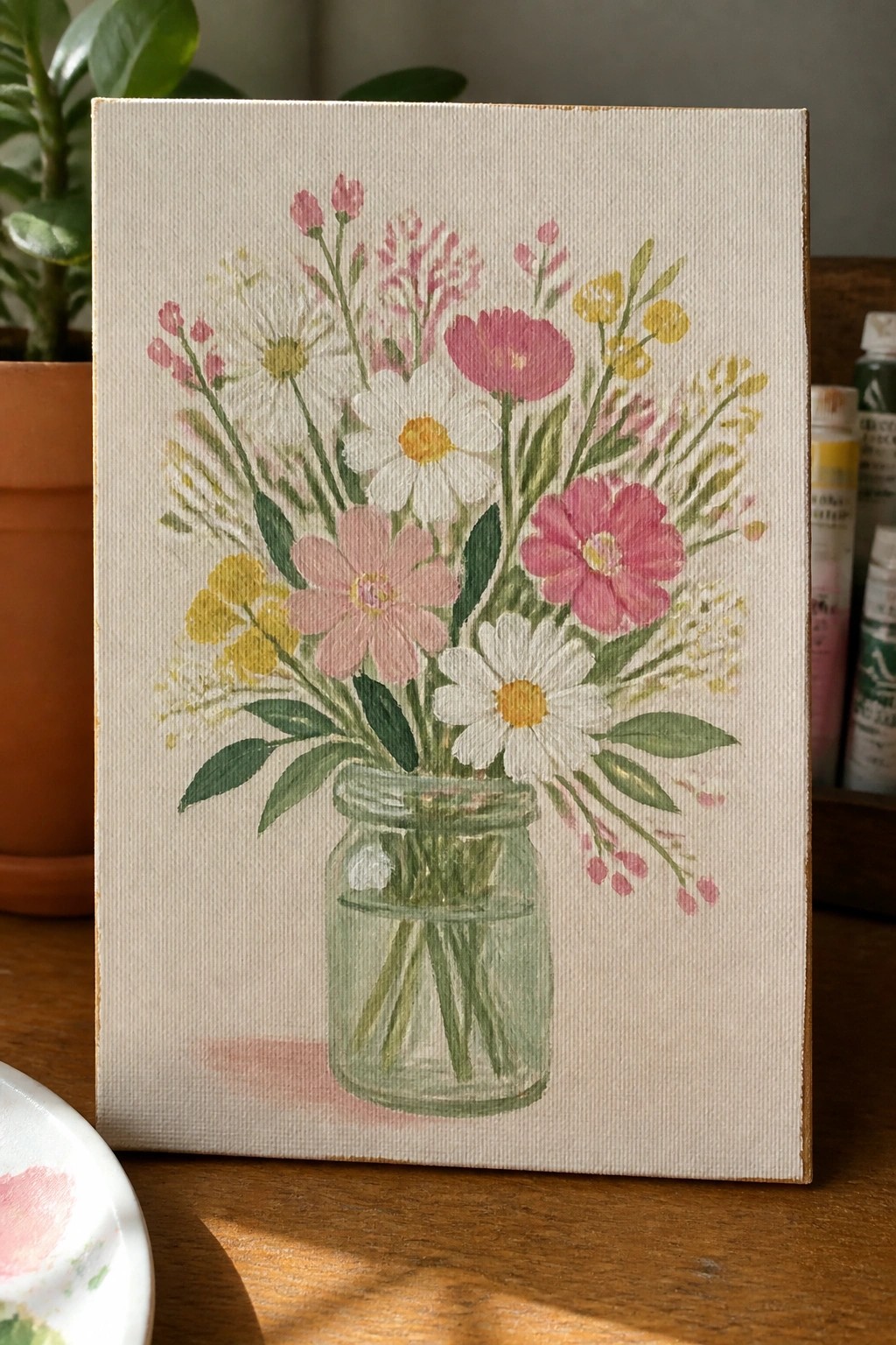 Canvas painting of wildflowers in pink, white, and yellow inside a glass mason jar