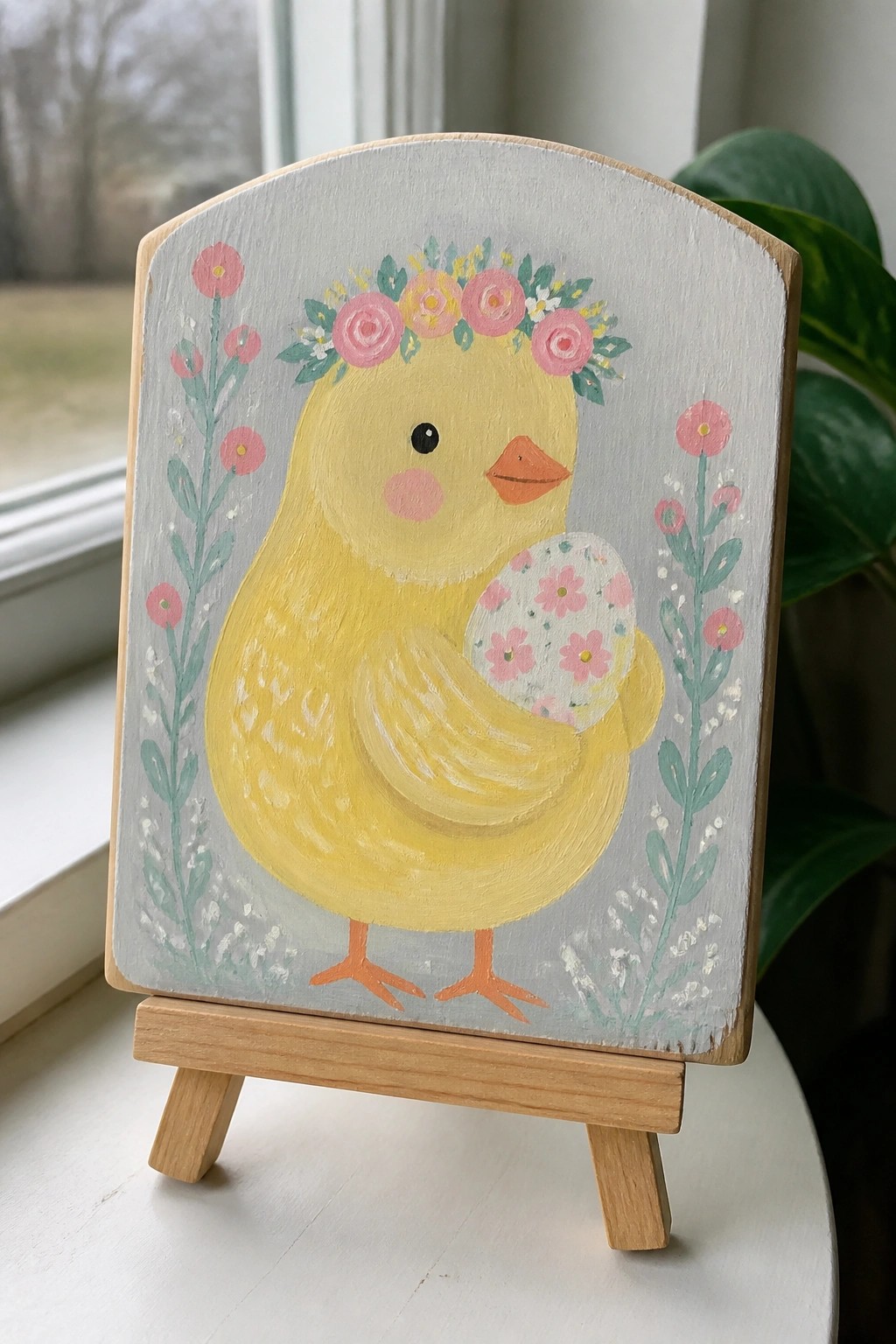 Yellow chick with flower crown holding floral egg on wooden easel plaque