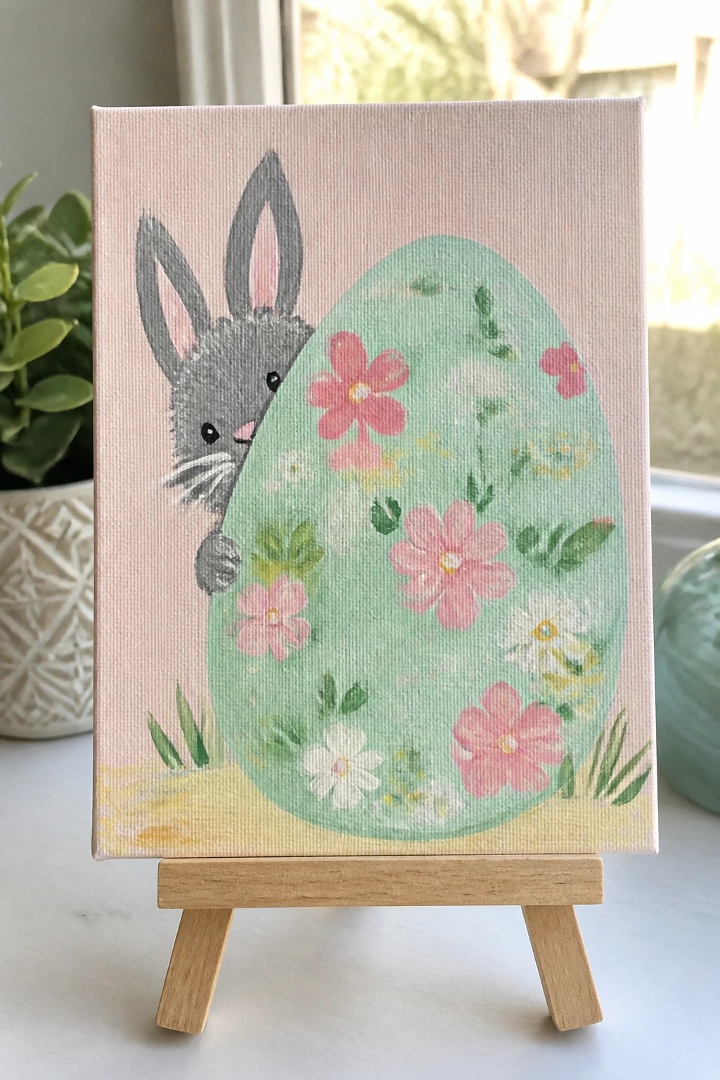 Gray bunny peeking from behind floral green Easter egg on pink canvas