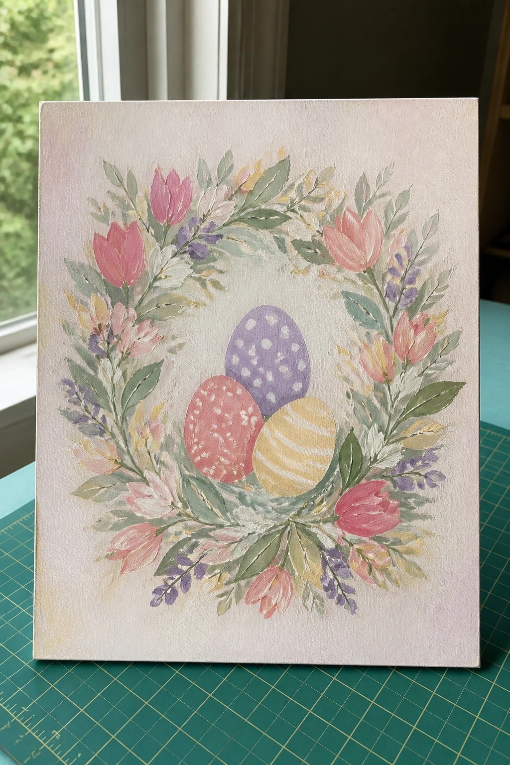 Canvas painting of floral wreath with pink tulips around three pastel Easter eggs