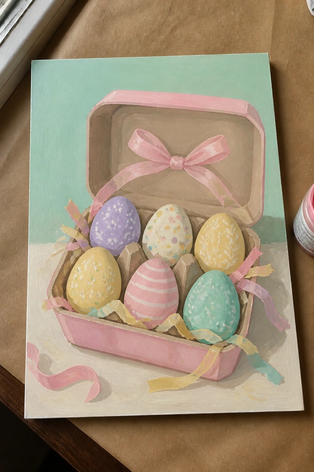 Open pink box with six pastel decorated Easter eggs and pink ribbon bow.
