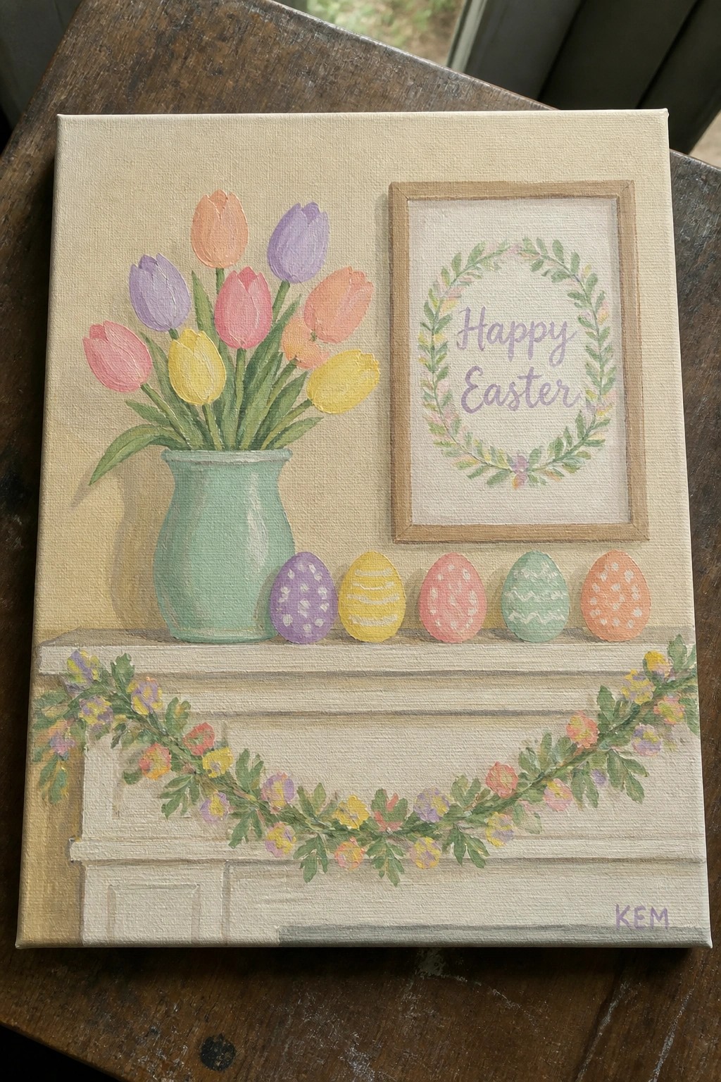 Painting of tulips in vase with Easter eggs and Happy Easter sign on mantel.