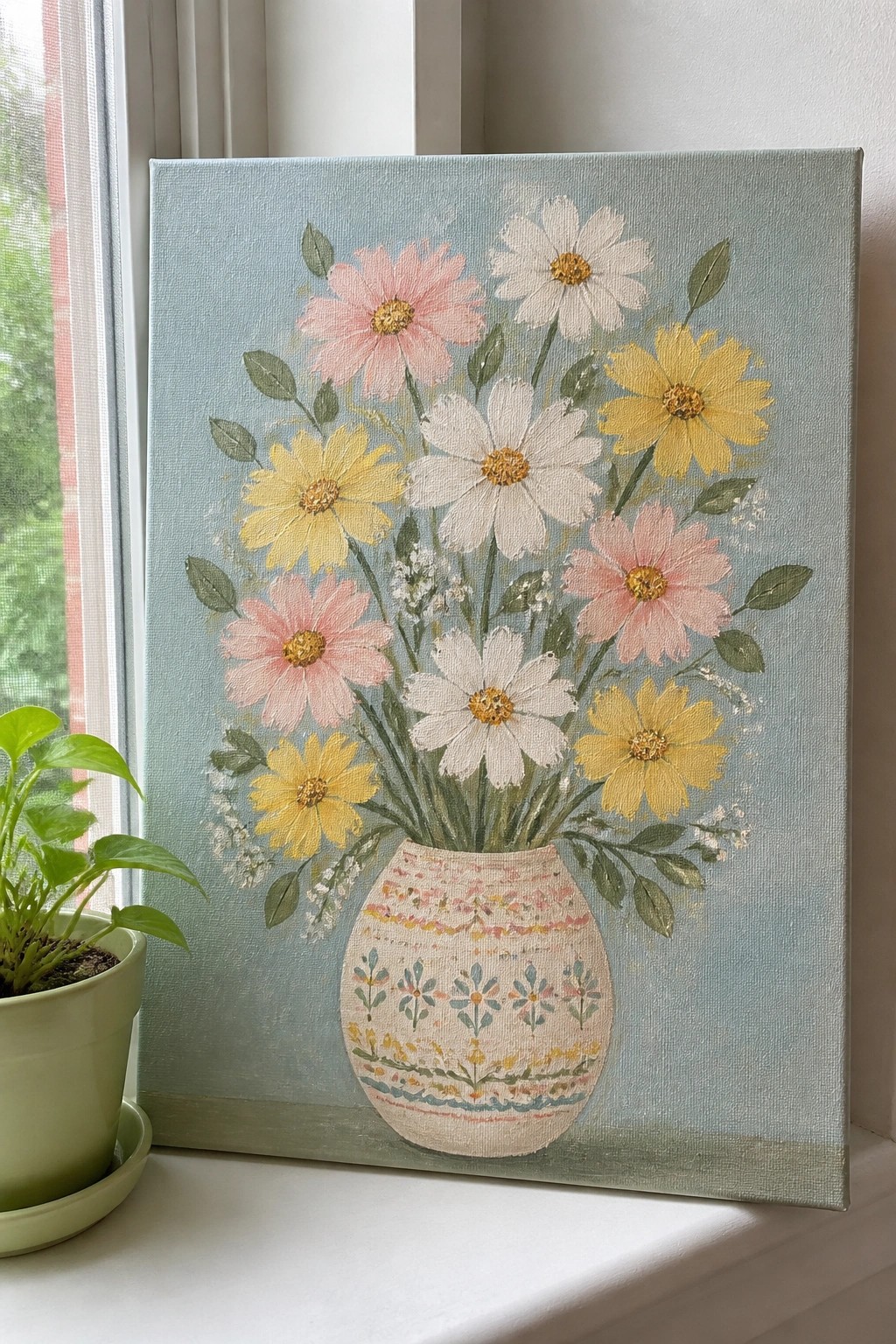 Colorful daisy painting in patterned vase on canvas beside windowsill plant