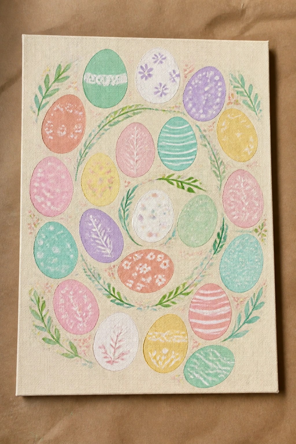 Pastel patterned Easter eggs in a leafy wreath on canvas painting