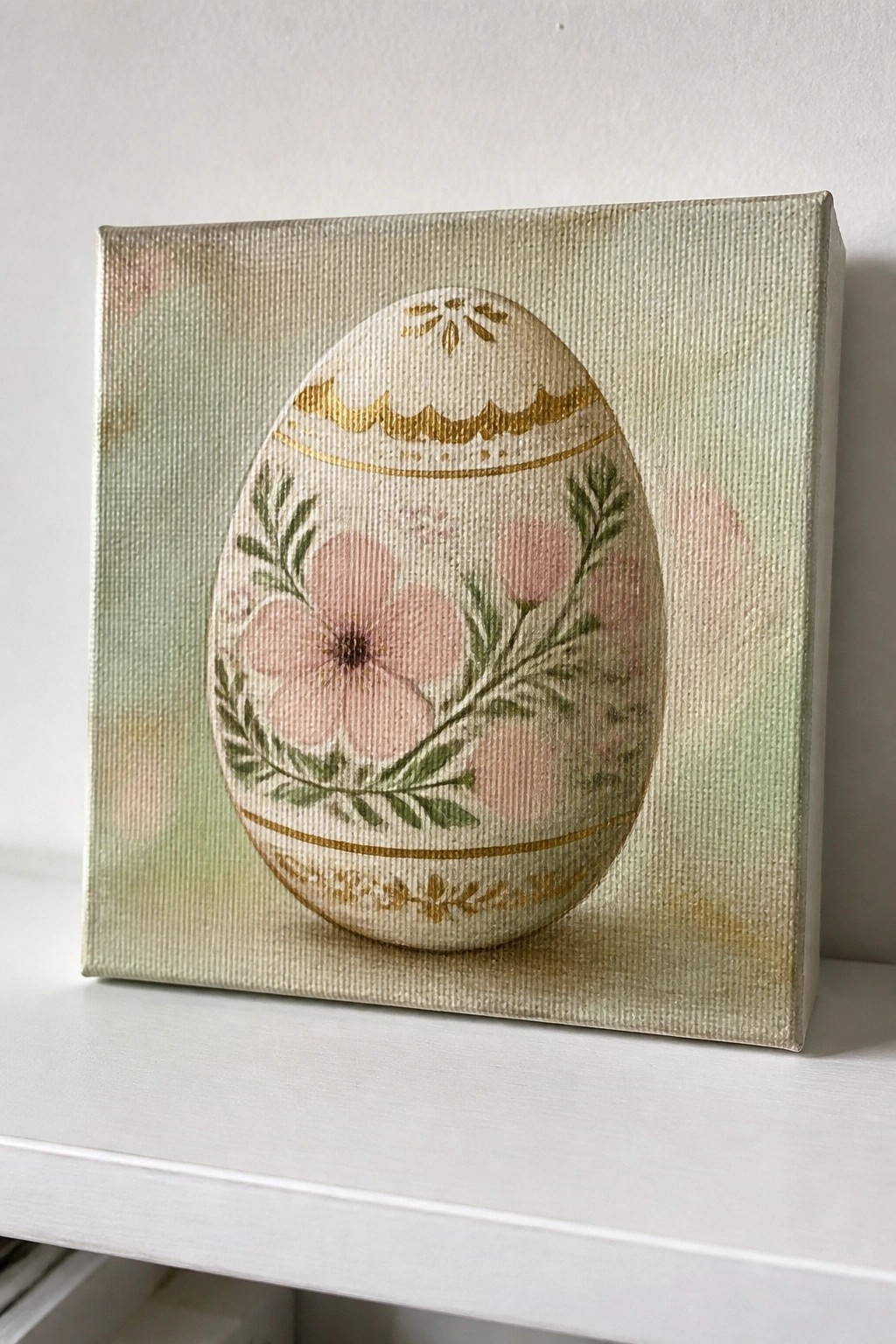 Painted Easter egg with pink flowers, green leaves, and gold trim on canvas