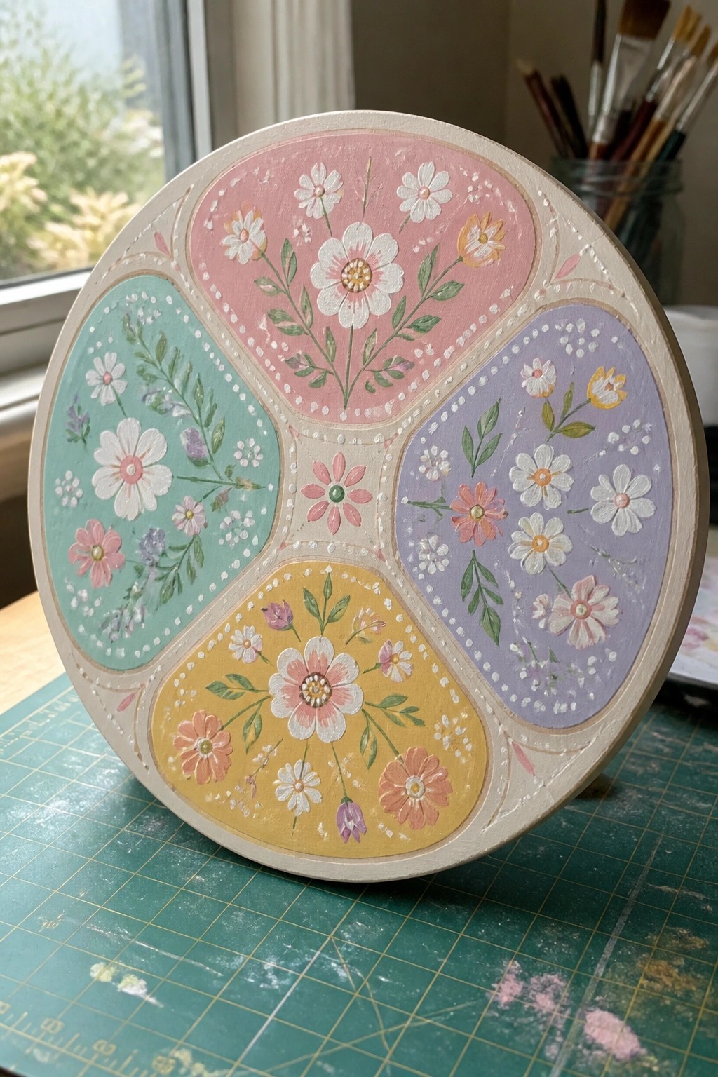 Hand-painted round wooden tray with pink, teal, purple, and yellow floral sections