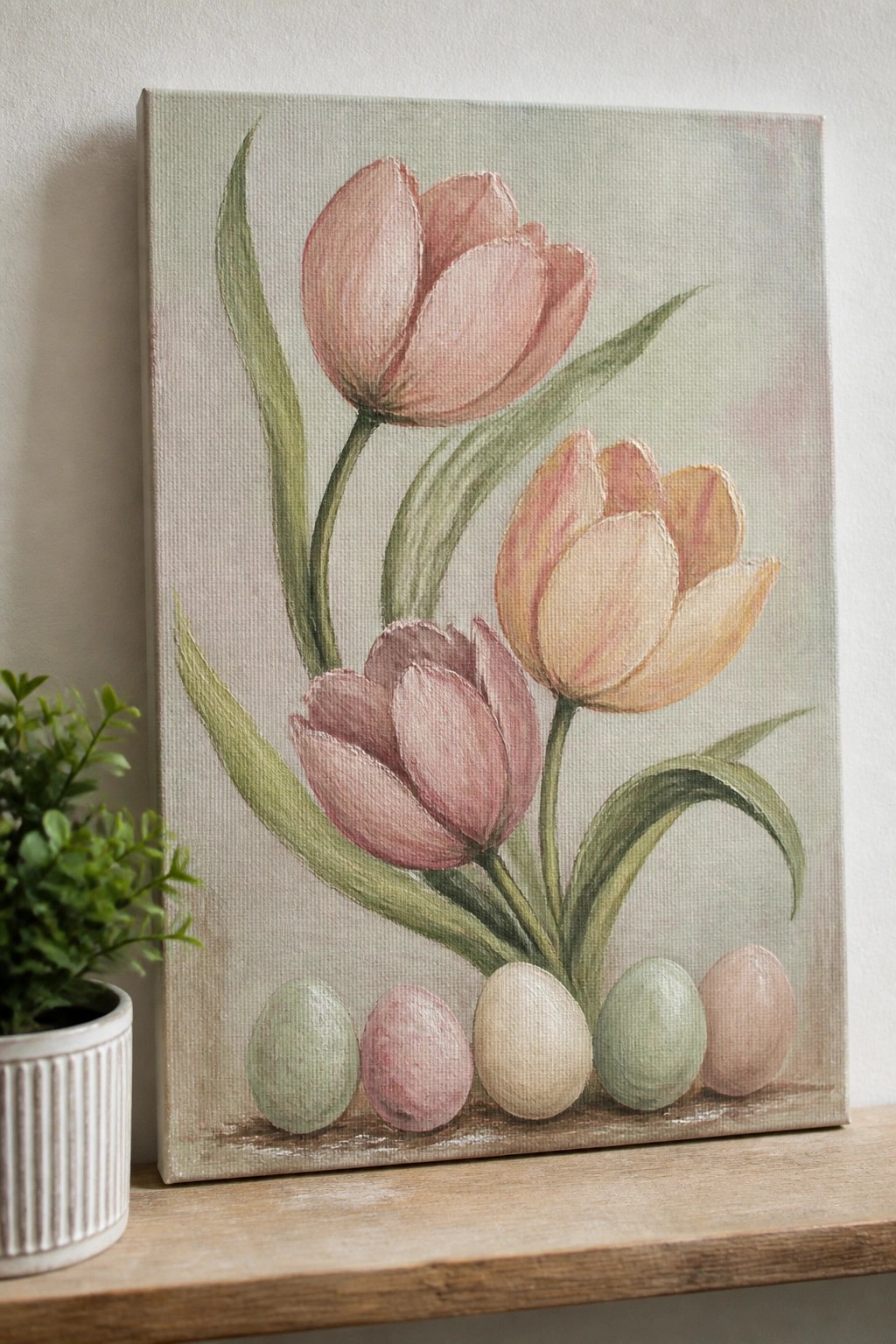 Canvas painting of pink and yellow tulips with pastel eggs at base