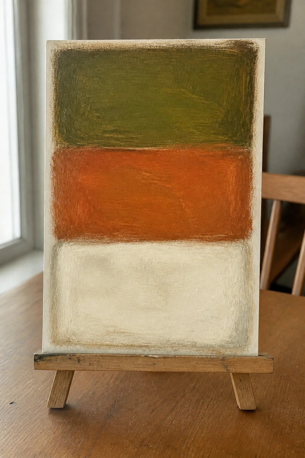 Abstract painting with olive green, orange, and cream horizontal bands on wooden easel.