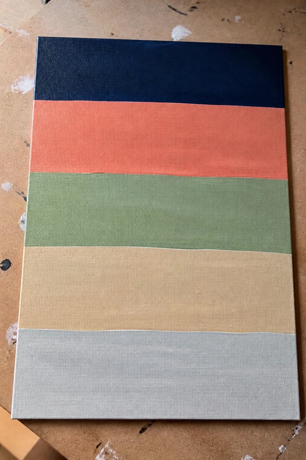 Abstract canvas with horizontal stripes in navy, coral, green, beige, and gray.