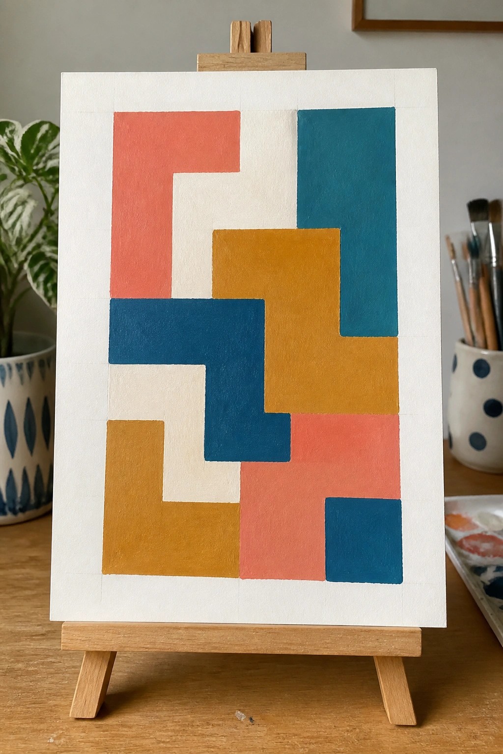 Abstract geometric painting with coral, teal, yellow, and blue shapes on wooden easel.