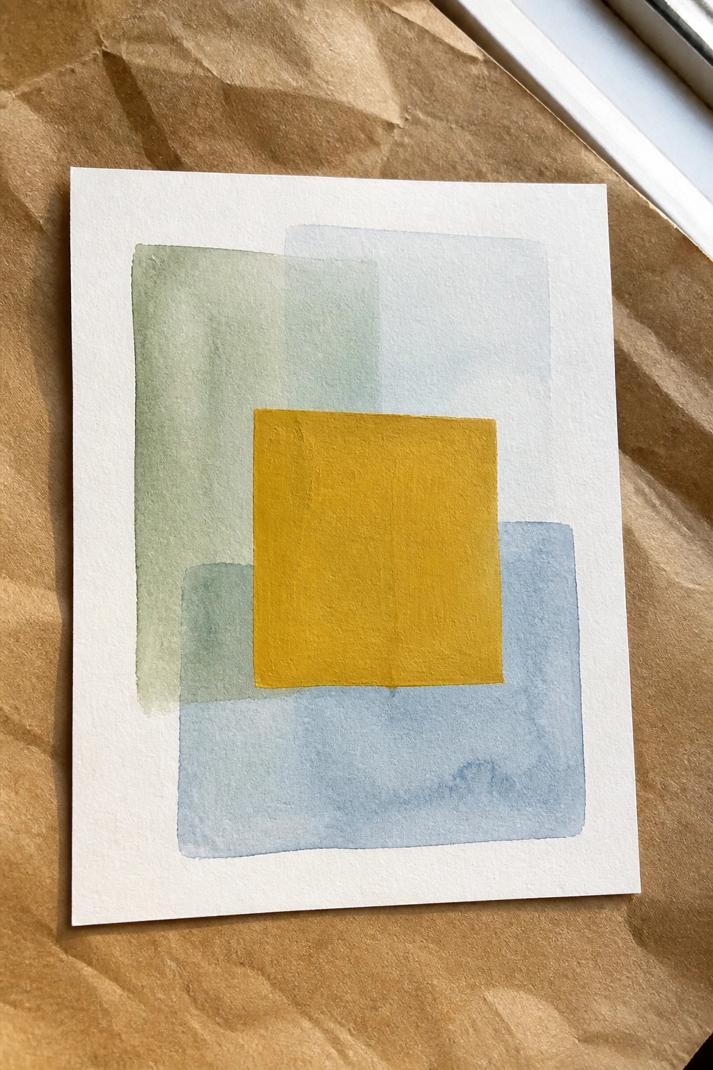 Abstract watercolor with overlapping green blue washes and central yellow square on white paper