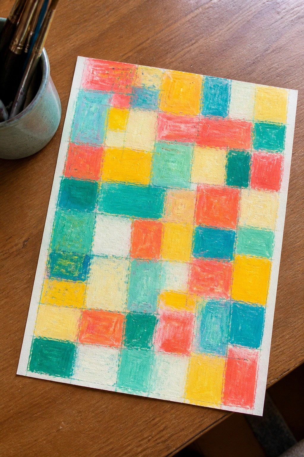 Vibrant multicolored grid painting on paper atop wooden table beside paintbrush cup.